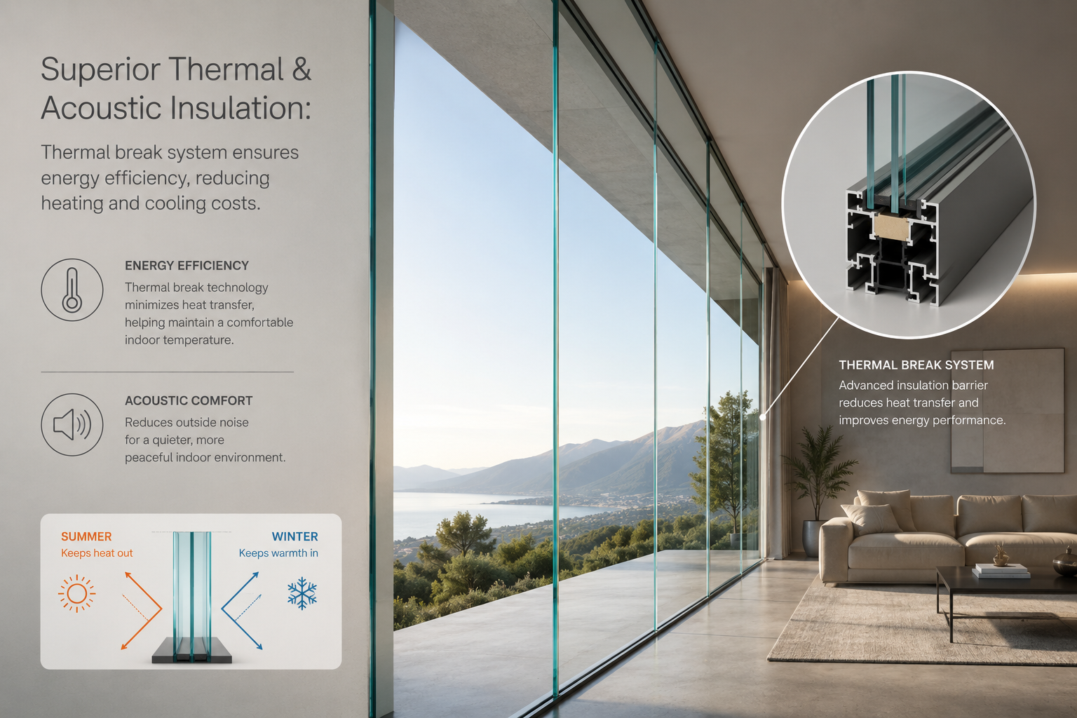 Modern, Sleek Design: Ultra-slim profiles maximize natural light and create uninterrupted panoramic views.