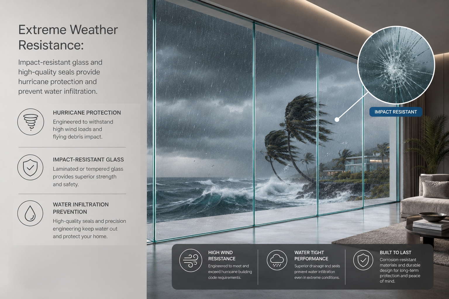 Extreme Weather Resistance: Impact-resistant glass and high-quality seals provide hurricane protection and prevent water infiltration.