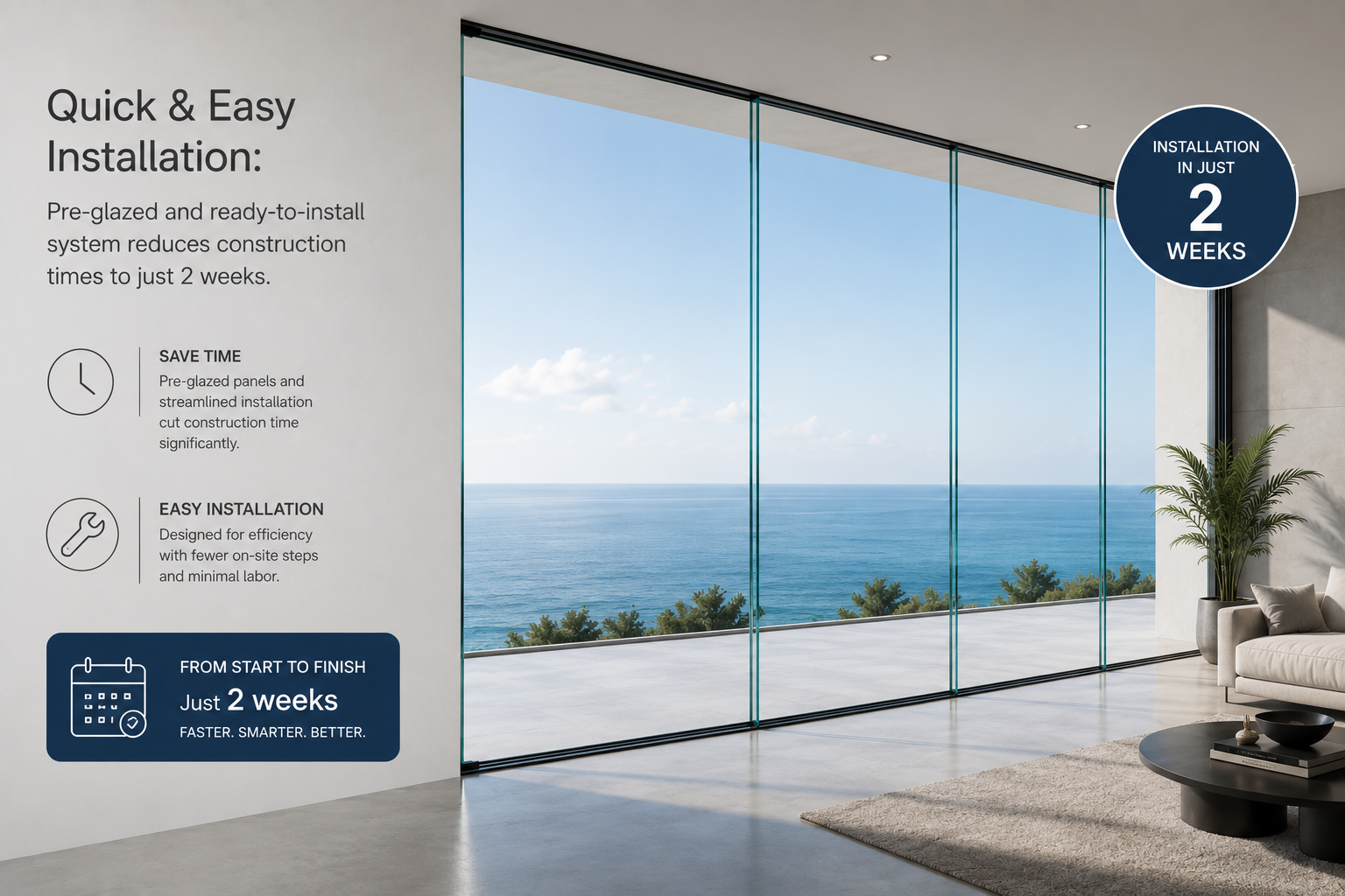 Quick & Easy Installation: Pre-glazed and ready-to-install system reduces construction times to just 2 weeks.