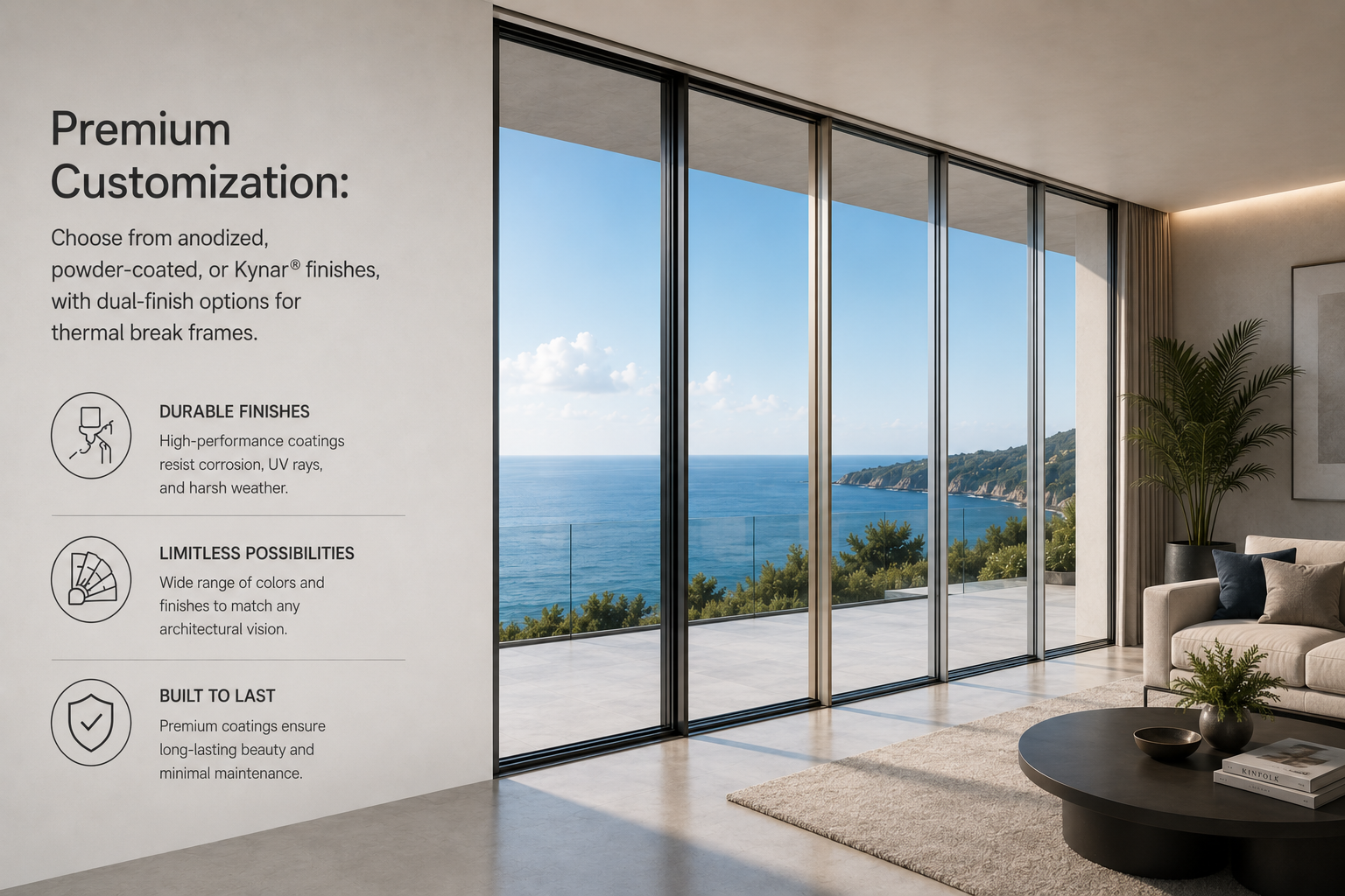Premium Customization: Choose from anodized, powder-coated, or Kynar finishes, with dual-finish options for thermal break frames.